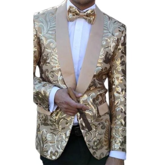 NWT Alberto Nardoni Men's Gold Sequin Blazer Shawl Collar Satin Trim Sz S 232 - Picture 2 of 12